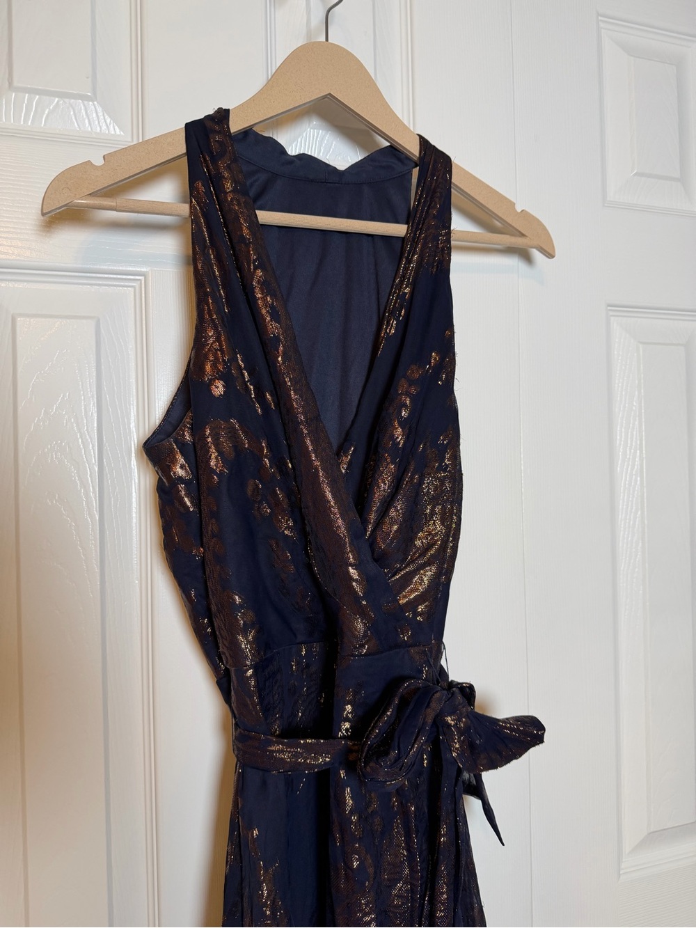 Metallic Navy & Copper Sleeveless Wrap Maxi Dress